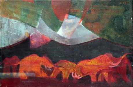 אדוין סולומון, פילים, שמן על בד, 41x61 ס"מ.