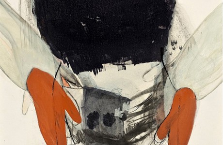 ללא שם (כפפות כתומות), 2013, טכניקה מעורבת על נייר, 69x49 ס"מ.